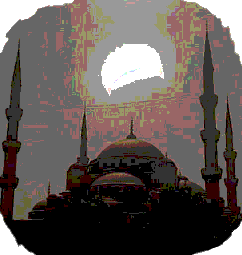Mosque with halfmoon in horizon