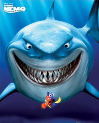 Bruce the Great White shark, Marlin and Dory, from 'Finding Nemo.'